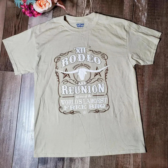 Gildan DryBlend Beige White and Brown Rodeo Crewneck T-Shirt Men's Size Large - Picture 1 of 11